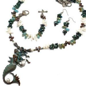 Handmade Jewelry Set by Surdigirl - Metal Patina Mermaid & Pearls